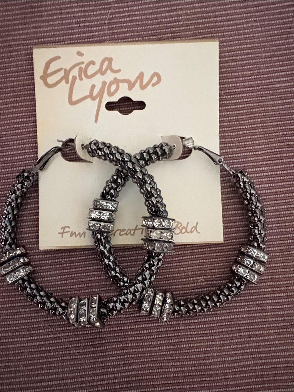Erica Lyons Gunmetal Crystal Hoop Earrings - Silver Rhinestone Accents